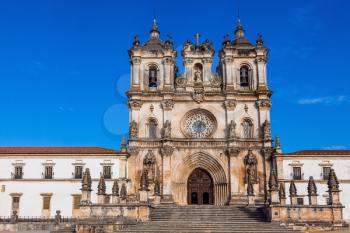 Main entrance to the cathedral in Portuguese town of Alcobaca. Built in Baroque style. Portugal