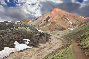 The famous Valley Landmannalaugar in Iceland. Multicolored rhyolite mountains with the remnants of last year's snow in July