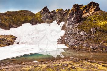 Big unmelted in July snowfield reflected in water. Summer morning in the National Park Landmannalaugar, Iceland