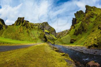 Scenic summer Iceland. The photo was taken Fisheye lens. The canyon Pakgil is located among fantastic rocks