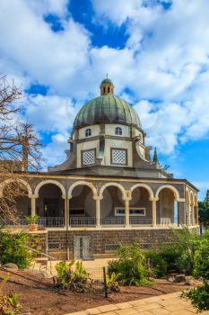 Church Sermon on the Mount - Mount of Beatitudes. The majestic dome of the basilica is surrounded by a gallery with columns. Sea of Galilee, Israel