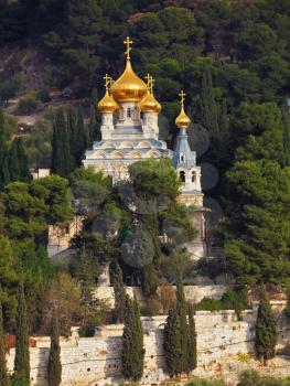 Mount of Olives in Jerusalem. Golden domes of the Church St. Mary Magdalene