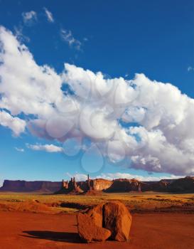  Magic view of the red desert. Monument Valley in the Navajo Indian Reservation. Arizona, USA