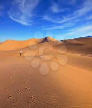Woman - photographer in a striped T-shirt is ready to shoot with a tripod among the sand dunes. Sunrise in the orange sands of the desert Mesquite Flat, USA