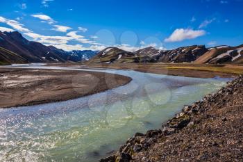  Valley in the national park Landmannalaugar, Iceland. Summer floods blocked the way to the tourist camping