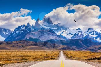  The highway crosses the Patagonia and leads to snow-capped peaks of Mount Fitzroy. Over the road flying flock of Andean condors