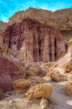  Warm January day in Israel. The dry mountains of Eilat and natural Amram pillars of pink sandstone