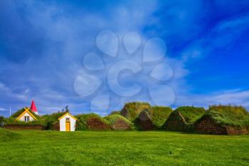 The recreated village - the museum of pioneers - Vikings. The village of ancestors in Iceland. Houses are roofed by the turf