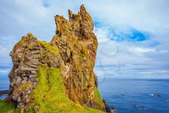 The ancient rocks covered with a green and yellow moss. Magnificent Iceland. Northern coast of Atlantic