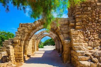  Superbly preserved ancient arched ceiling of stalls. National park Caesarea on the Mediterranean. Israel