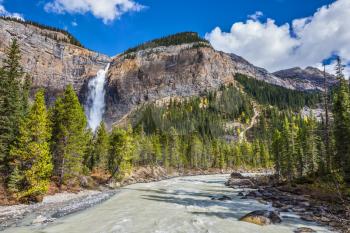  Autumn waterfall forms full-flowing water flow of pearl color. Rocky Mountains of Canada. Yoho National Park