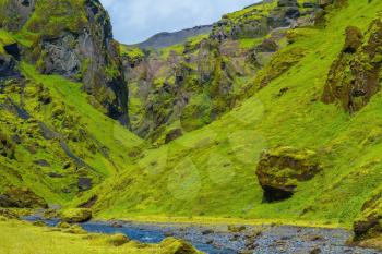 Summer blooming Iceland. Pakgil Canyon - green grass and moss on rocks. At the bottom of canyon flows small fast creek 