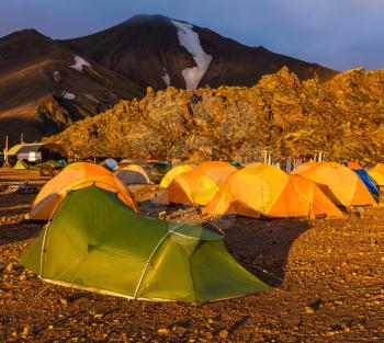 Fairy dawn National Park Landmannalaugar, Iceland. Tents tourists, mountains and glaciers covered with warm sunlight