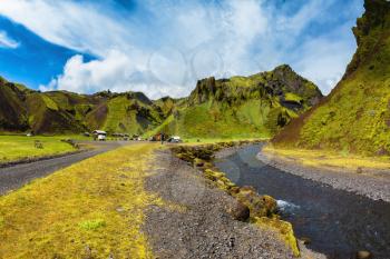 Camping in valley of canyon Pakgil. The canyon flowing fast shallow creek. Summer blooming Iceland. The photo was taken Fisheye lens