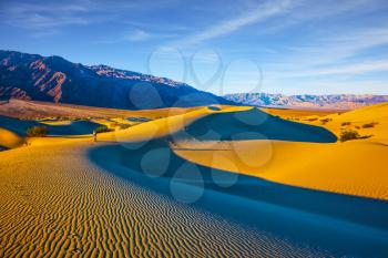 Woman in striped shirt photographing sand waves. Bright sunny morning in a picturesque part of Death Valley, USA. Mesquite Flat Sand Dunes