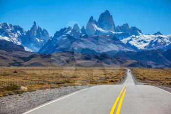 Sunny day in February in Argentine Patagonia. Excellent asphalt road to the majestic Mount Fitz Roy