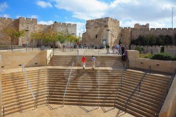 JERUSALEM, ISRAEL - OCTOBER 23, 2010: Amphitheater stone steps leading to the Jaffa Gate in Jerusalem