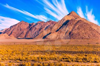 The concept of extreme and exotic tourism. Sunset, Namibia. Purple and yellow mountains of the Namib desert