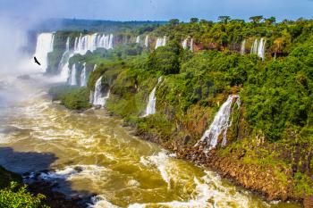 The most full-flowing waterfalls Iguazu. Border of Argentina, Brazil and Paraguay. Andean condors fly in the water dust. Concept of active and extreme tourism