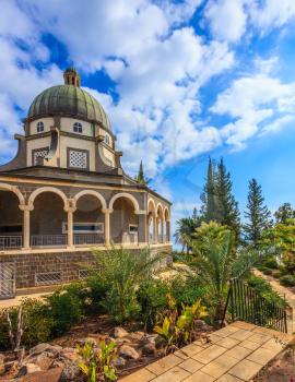 The majestic dome of the basilica is surrounded by a gallery with columns. Church Sermon on the Mount - Mount of Beatitudes. Sea of Galilee, Israel