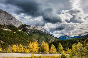 Gorgeous stormy sky in October. Rocky Mountains of Canada.  Road among autumn forest