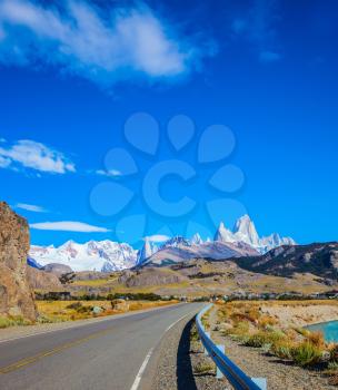 The road to majestic Mount Fitz Roy. The sunny autumn day in February. Argentine Patagonia
