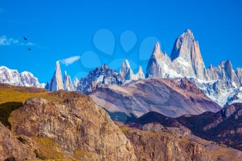 Amazing Patagonia in February. Fitzroy Mountains covered midday sun