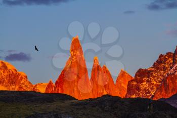 Fantastic Patagonia. The crimson sunset illuminates the top of impressive cliffs Fitz Roy