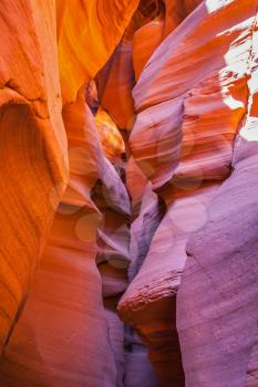  Upper Antelope Canyon in the Navajo reservation. Arizona, USA. Red and orange colored clay covered delightful magical light
