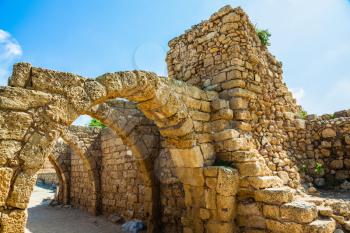 Vaulted ceilings of stalls ancient times. National park Caesarea on the Mediterranean Sea. Israel