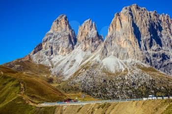 Travel to South Tirol. The concept of extreme and ecological tourism. The famous picturesque Sella Pass in the Dolomites