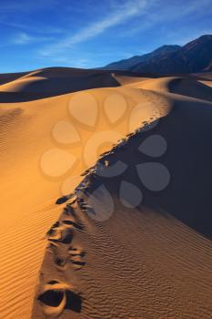 Along the edge of the sand dunes is a chain of deep tracks. Sandy Desert in Mesquite Flat, Death Valley, USA