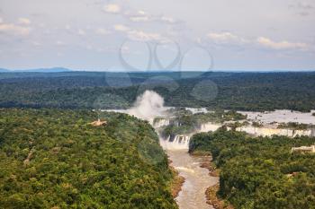 Iguazu Falls in the two national parks - Argentina and Brazil in the dense tropical forests.  Picture taken from a helicopter