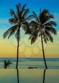 Palm trees reflected in smooth water of the pool on the beach. Delicate sunset on the popular resort island of Koh Samui