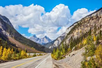 Highway and magnificent mountains in Banff National Park. Canada, Alberta, Rocky Mountains