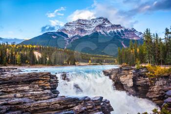 Powerful picturesque waterfall Athabasca. Pyramidal mountain covered with the snow. Canada, Jasper National Park