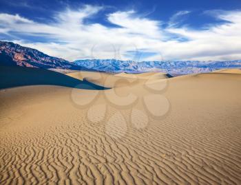 Small ripples on the sand dunes. Windy and hot morning in the desert.  Picturesque part of Death Valley, USA. Mesquite Flat Sand Dunes