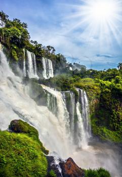  Waterfalls Iguazu, Argentina. The tropical sun illuminates the seething waters. Picturesque basaltic ledges form the famous waterfalls. The concept of active and exotic tourism