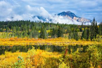 Lake amongst the evergreen forests, yellowed shrubs and mountains. Warm autumn day in Jasper Park, Canadian Rockies