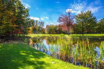 Red and orange foliage reflected in the clear water of the lake. Concept of recreational tourism. Park fantastic beauty. Shining sunny day in French Canada