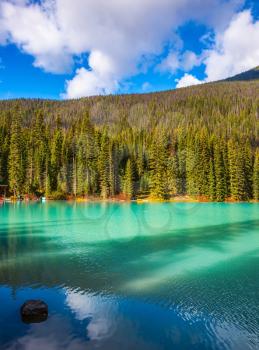  Emerald Lake, Yoho National Park, Canada. Beautiful lake with blue - green water, surrounded by wooded mountains