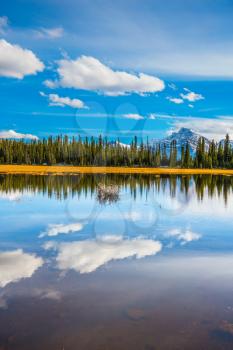 The concept of ecotourism. The mountains are covered in the snow. Shallow marshy lake in the Rocky Mountains. Autumn in Canada