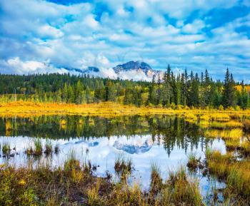 Patricia Lake amongst the evergreen forests, yellow bushes and mountains. Autumn in the Rocky Mountains of Canada