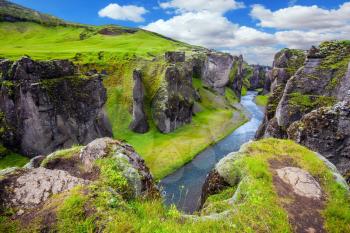 The concept of active northern tourism. The striking canyon in Iceland. Green Tundra in summer. Bizarre shape of cliffs surround the stream with glacial water