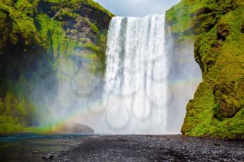 Picturesque huge rainbow appears in the water mist. The most popular waterfall in Iceland - Skogafoss. Water rushes down with a crash, forming a cloud of mist