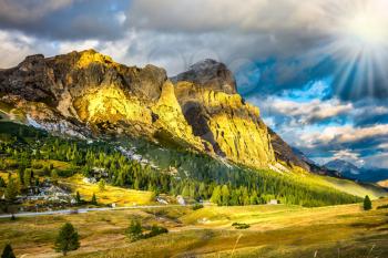 Travel in the Dolomites. Falzarego pass. Last sunny autumn day. The concept of active and adventure tourism