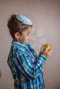  Citrus -  ritual fruit for the Jewish holiday of Sukkot. Beautiful seven year old boy in white knitted skullcap is holding citrus