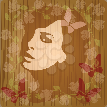 Royalty Free Clipart Image of a Rose and Butterfly Frame Around a Woman's Face