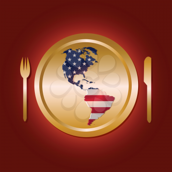 Royalty Free Clipart Image of North and South America on a Plate With a Knife and Fork