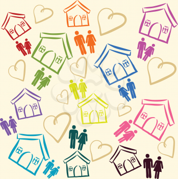 Royalty Free Clipart Image of Houses, Hearts and People